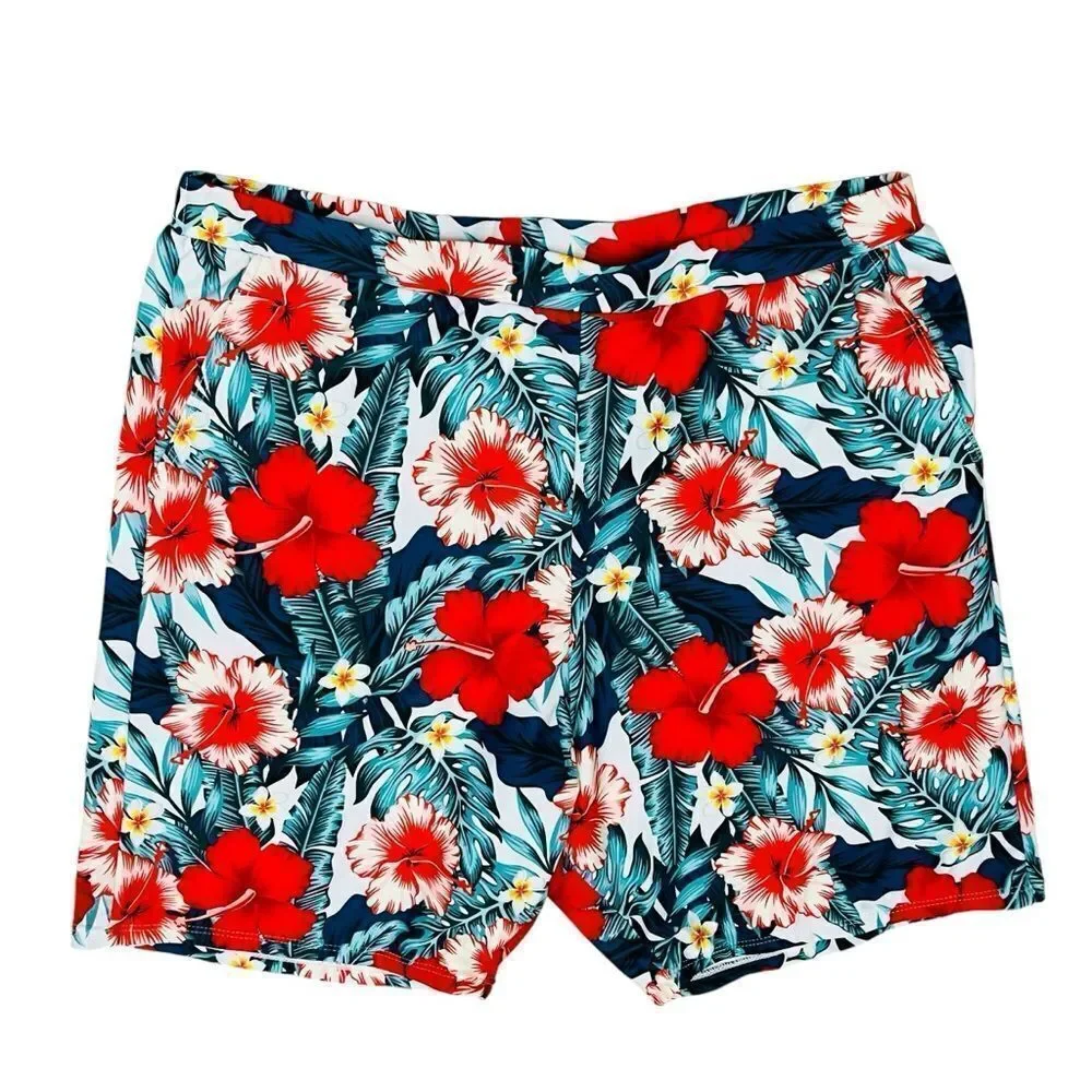 PatPat Swimsuit Men’s Red Green Tropical Hibiscus Trunks Shorts Pull On NWOT